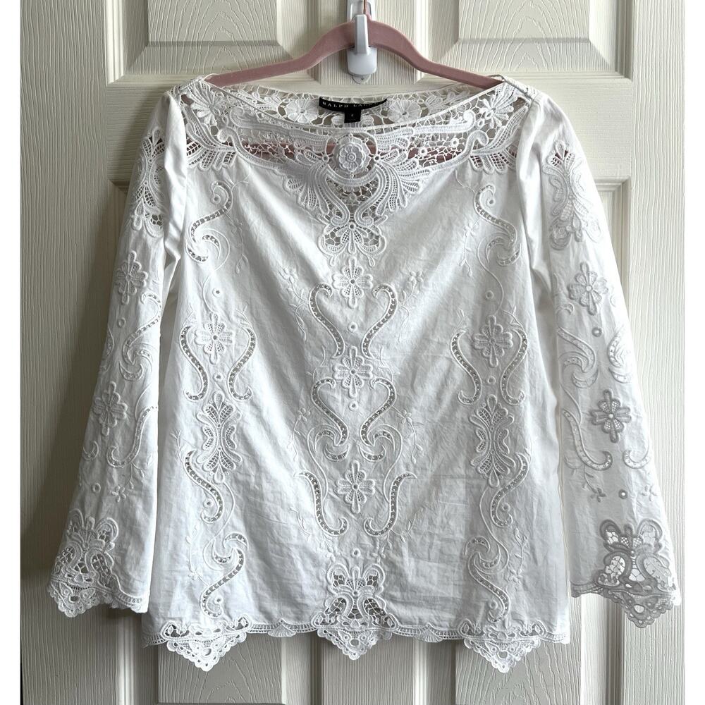 RALPH LAUREN Black Label White Lace Floral Applique Southwestern Blouse Top Sz 4